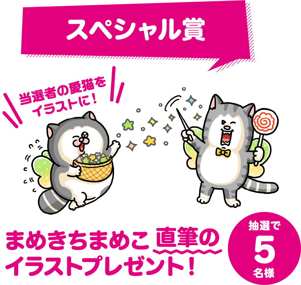 スペシャル賞 まめきちまめこ直筆のイラストプレゼント！抽選で5名様 当選者の愛猫をイラストに！
