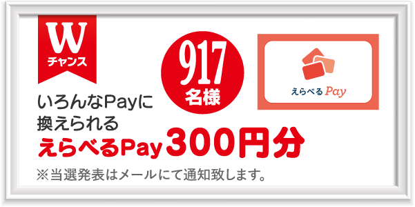 Wチャンス 917名様 いろんなPayに換えられる えらべるPay300円分 ※当選発表はメールにて通知致します。