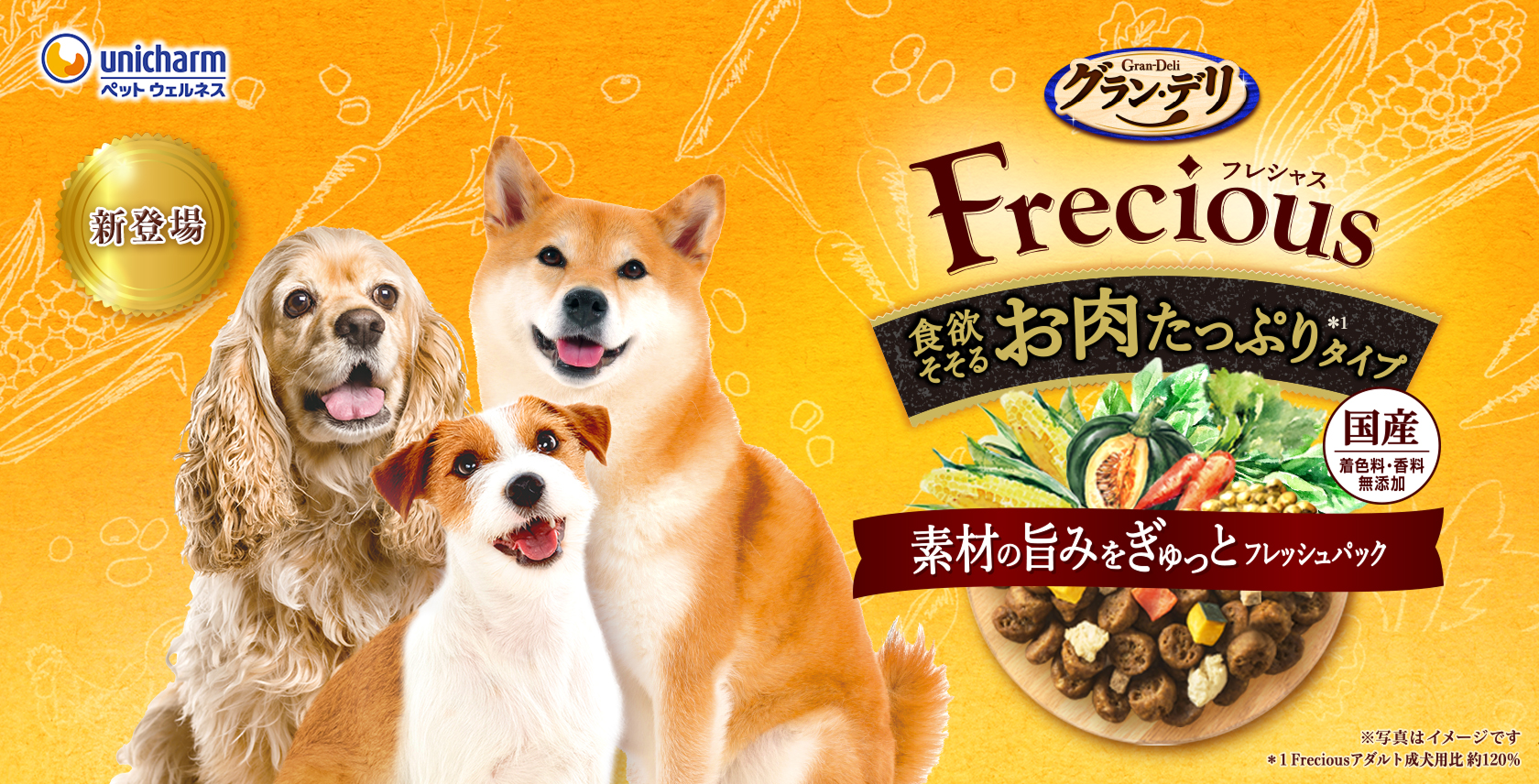 グラン・デリ食欲そそるお肉たっぷり＊１タイプ ＊1 Freciousアダルト成犬用比 約120％