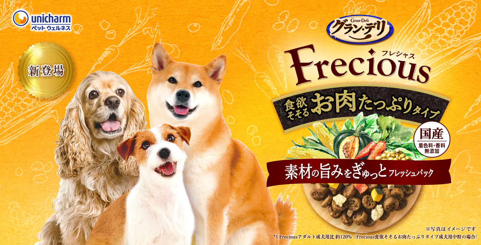 グラン・デリ食欲そそるお肉たっぷり＊１タイプ ＊1 Freciousアダルト成犬用比 約120％
