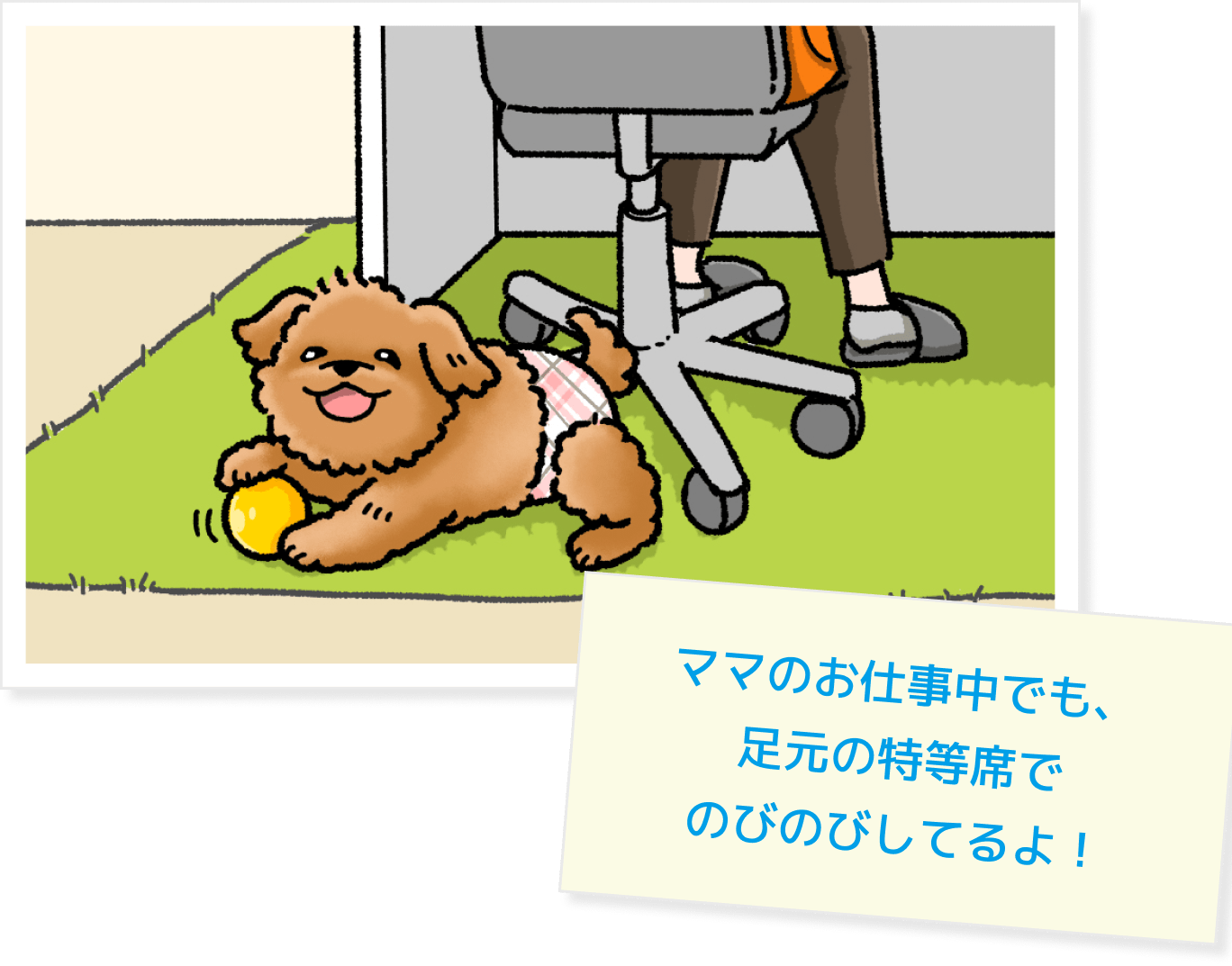 ママのお仕事中でも、足元の特等席でのびのびしてるよ！