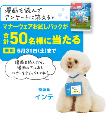 漫画を読んでアンケートに答えるとマナーウェアお試しパックが合計50名様に当たる 期間5月31日（土）まで 漫画を読んだら、漫画の下にあるバナーをクリックしてね！ 特派員インテ