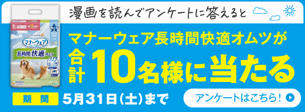 漫画を読んでアンケートに答えるとマナーウェア長時間快適オムツが合計10名様に当たる 期間5月31日（土）まで アンケートはこちら！