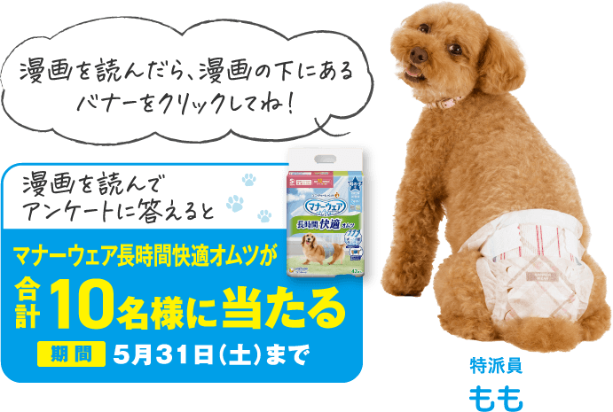 漫画を読んでアンケートに答えるとマナーウェア長時間快適オムツが合計10名様に当たる 期間5月31日（土）まで 漫画を読んだら、漫画の下にあるバナーをクリックしてね！ 特派員もも