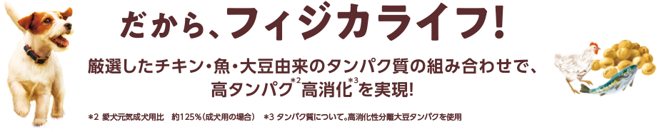 だから、フィジカライフ!厳選したチキン・魚・大豆由来のタンパク質の組み合わせで、高タンパク高消化を実現!